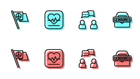 Set line Speech bubble chat, Peace, Heart rate and Censored stamp icon. Vector 스톡 일러스트