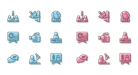 Set line Speech bubble chat, Crime news, Interview, Television report, Cinema Stock Illustration