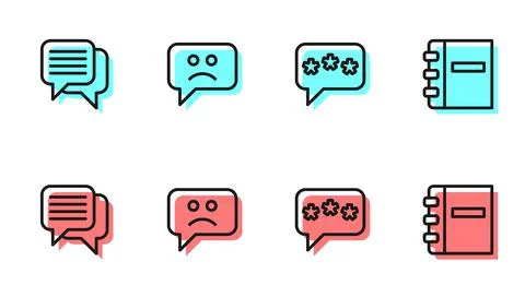 Set line Speech bubble chat, Sad smile and Notebook icon. Vector Stock Illustration