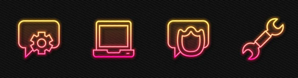 Set line Speech bubble chat, Telephone 24 hours support, Laptop and Wrench Stock Illustration