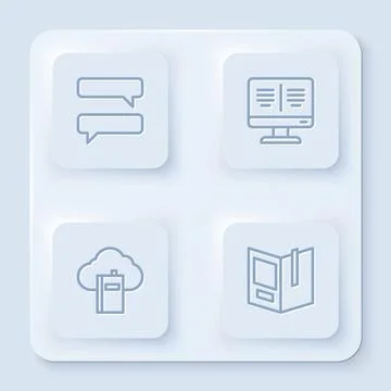Set line Speech bubble chat, Online book on monitor, Cloud online library and Stock Illustration