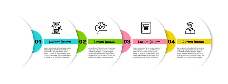 Set line Speech bubble chat, Learning foreign languages, Notebook and Graduate Stock Illustration