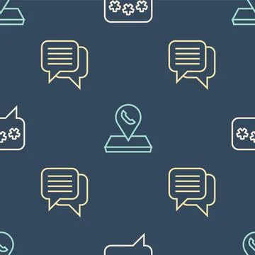 Set line Speech bubble chat, and Call center location on seamless pattern Stock Illustration