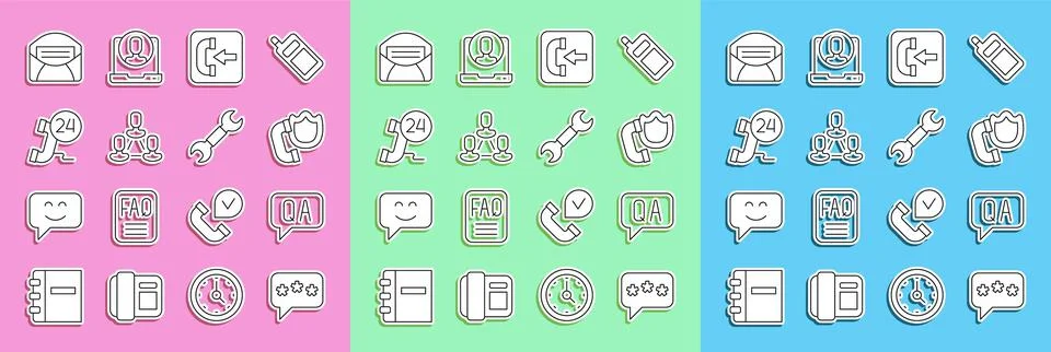 Set line Speech bubble chat, Question and Answer, Telephone handset with shield Stock Illustration