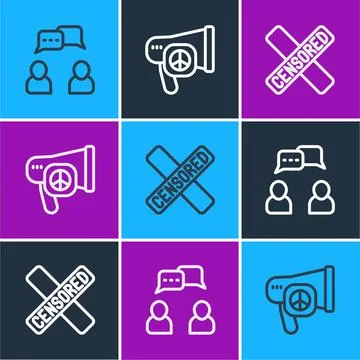 Set line Speech bubble chat, Censored stamp and Peace icon. Vector Stock Illustration