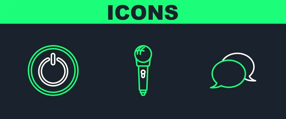 Set line Speech bubble chat, Power button and Microphone icon. Vector Stock Illustration