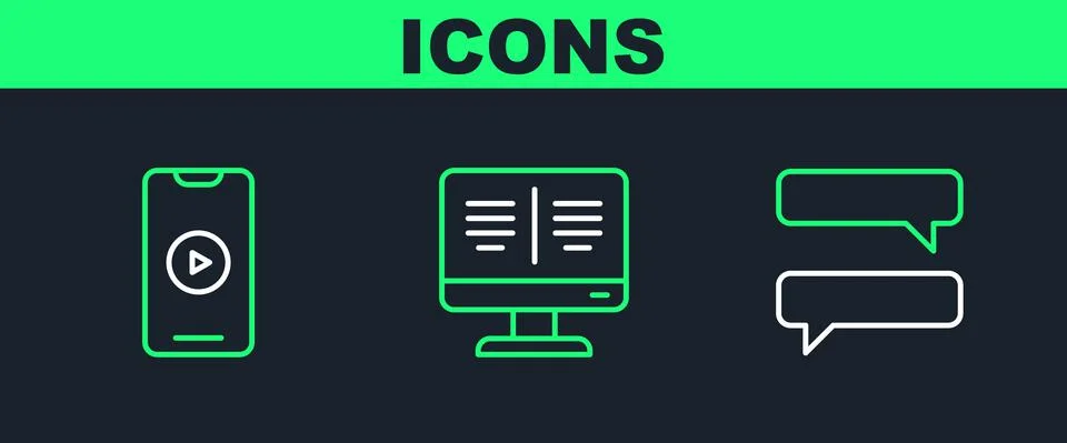 Set line Speech bubble chat, Online play video and book on monitor icon. Vector Stock Illustration