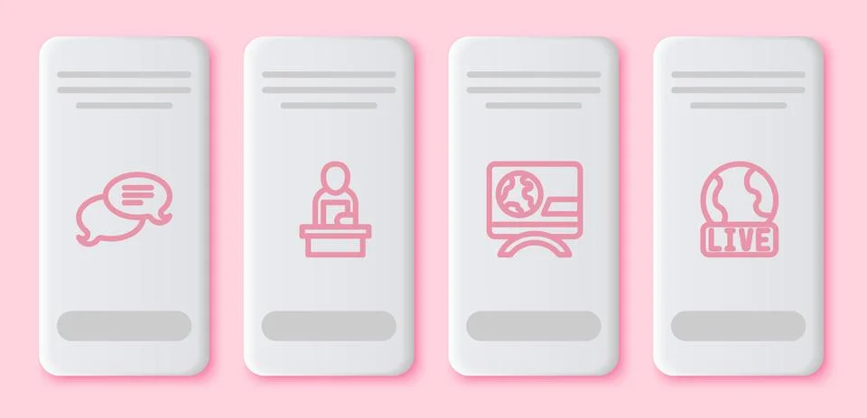 Set line Speech bubble chat, Breaking news, and Live report. White rectangle Stock Illustration