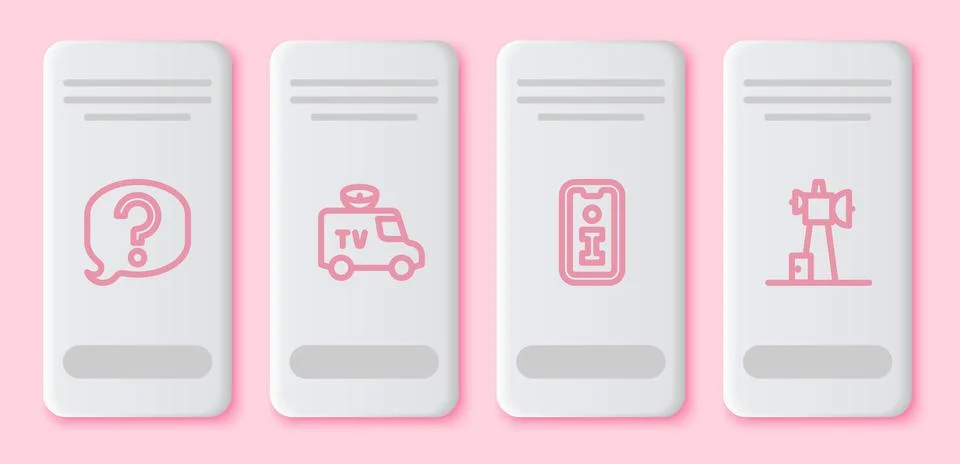 Set line Speech bubble chat, TV News car, Information and Antenna. White rect Illustrazione stock