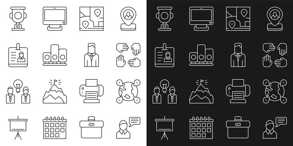 Set line Speech bubble chat, Location on the globe, Project team base, Folded Stockillustratie