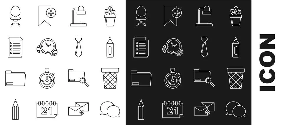 Set line Speech bubble chat, Trash can, Marker pen, Table lamp, Time Manageme Illustrazione stock