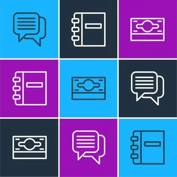 Set line Speech bubble chat, Stacks paper money cash and Notebook icon. Vecto Stock Illustration