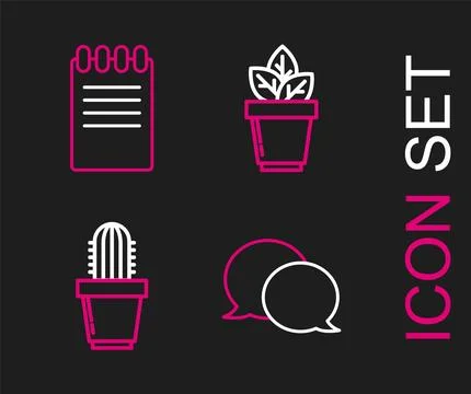 Set line Speech bubble chat, Cactus and succulent in pot, Flowers and Notebook Stock Illustration