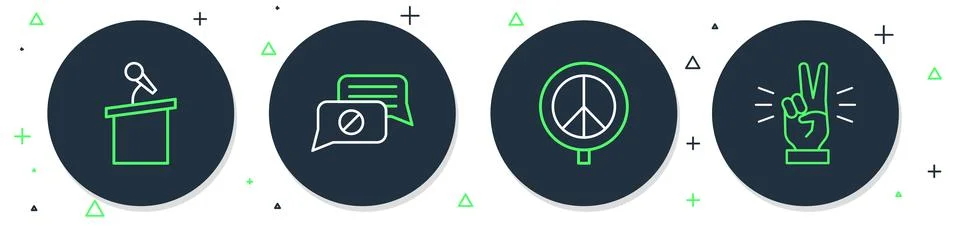 Set line Speech bubble chat, Peace, Stage stand or tribune and Hand showing two Stock Illustration