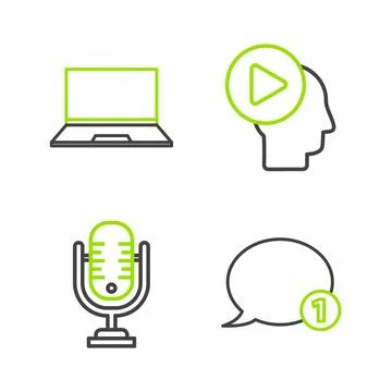 Set line Speech bubble chat, Microphone, Head people with play button and Laptop Stock Illustration