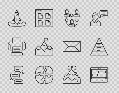 Set line Speech bubble chat, Chat messages on laptop, Project team base, Piece Illustrazione stock