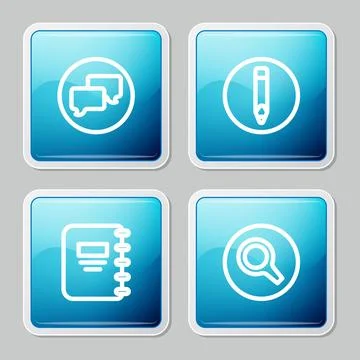 Set line Speech bubble chat, Pencil, Notebook and Magnifying glass icon. Vector Stock Illustration