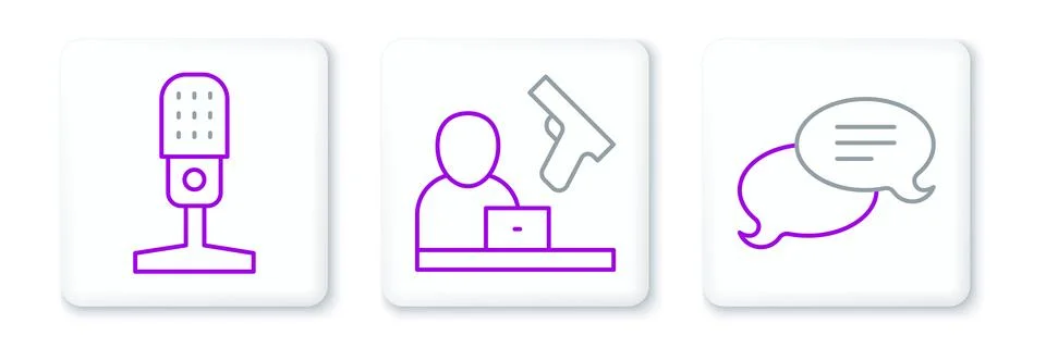 Set line Speech bubble chat, Microphone and Crime news icon. Vector Stock Illustration