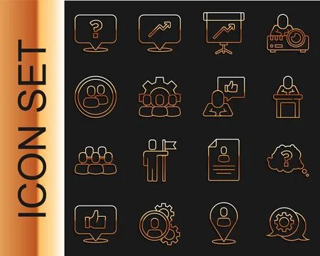 Set line Speech bubble chat, Question mark, Speaker, Chalkboard with diagra.. Stock Illustration