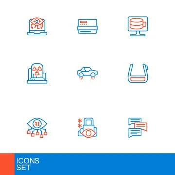 Set line Speech bubble chat, Cyber security, Computer vision, Smart glasses.. Illustrazione stock