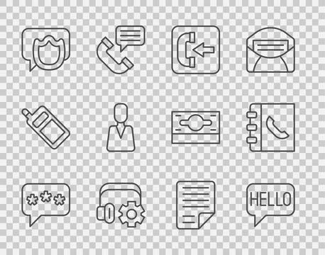 Set line Speech bubble chat, Hello in different languages, Incoming call ph.. Stock Illustration