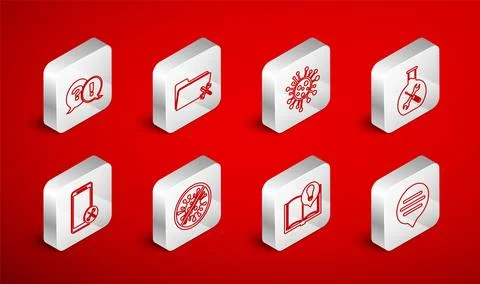Set line Speech bubble chat, Folder service, Bacteria, Bioengineering, Inte.. Stock Illustration