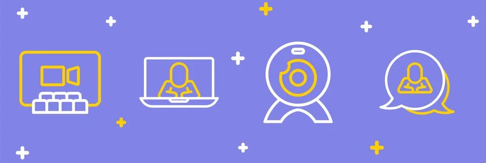 Set line Speech bubble chat, Web camera, Video conference and  icon. Vector 스톡 일러스트