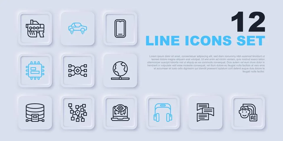 Set line Speech bubble chat, Humanoid robot, Neural network, Headphones, Pr.. Stock Illustration