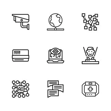 Set line Speech bubble chat, Hologram, First aid kit, Computer vision, Neur.. Stock Illustration