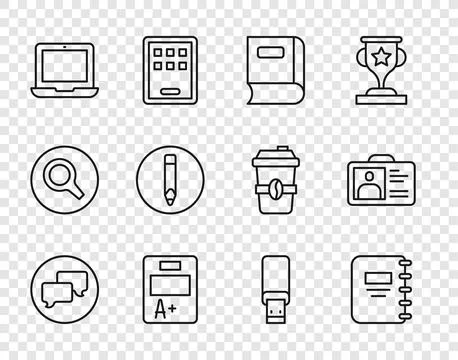 Set line Speech bubble chat, Notebook, Book, Exam sheet with A plus grade, .. Stock Illustration