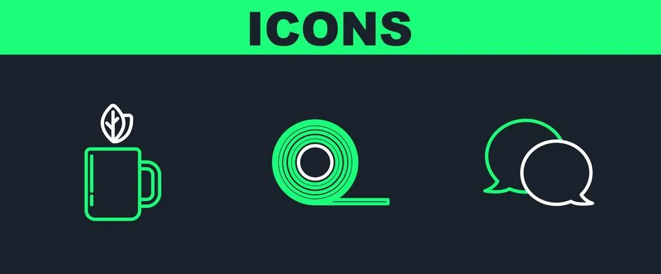 Set line Speech bubble chat, Cup of tea and leaf and Scotch icon. Vector Illustrazione stock