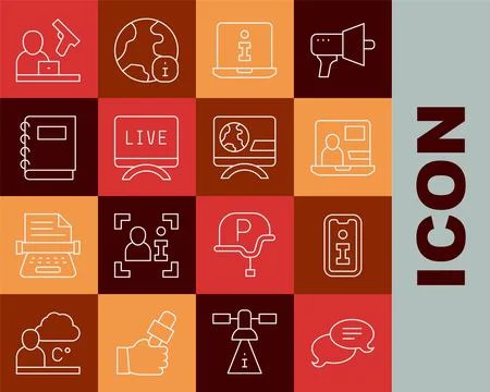 Set line Speech bubble chat, Information, World news, Live report, Notebook.. Stock Illustration