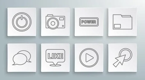 Set line Speech bubble chat, Photo camera, Like in speech, Play circle, Arr.. Stock Illustration