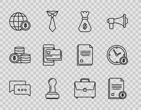 Set line Speech bubble chat, Finance document, Money bag, Stamp, Earth glob.. Stock Illustration