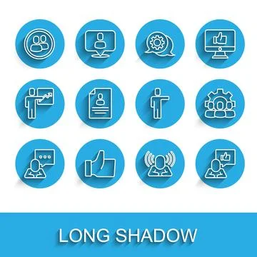 Set line Speech bubble chat, Hand like, Project team base, Head hunting, Re.. Stock Illustration