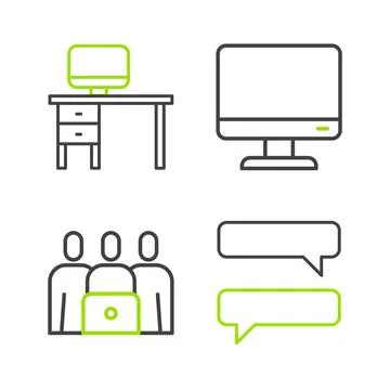Set line Speech bubble chat, Online class, Computer monitor screen and and .. Stock Illustration