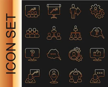 Set line Speech bubble chat, Hand like, Question mark, Team leader, Project.. Stock Illustration