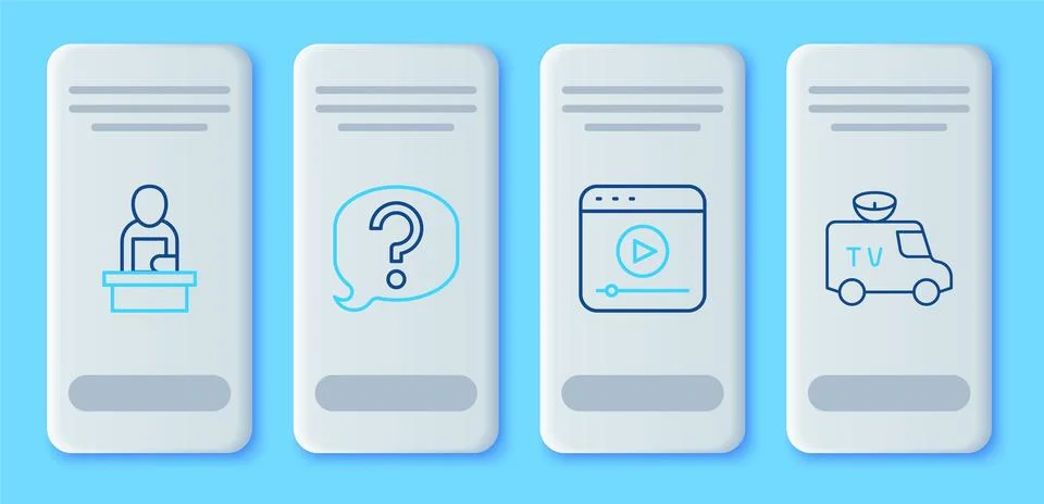 Set line Speech bubble chat, Live stream, Breaking news and TV News car ico.. Illustrazione stock