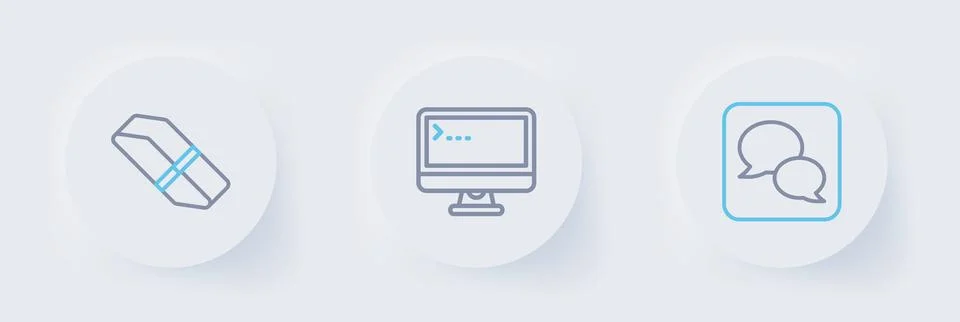 Set line Speech bubble chat, Computer monitor and Eraser rubber icon. Vector イラスト素材