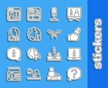 Set line Speech bubble chat, Information, Journalist news, Microphone, Worl.. Illustrazione stock