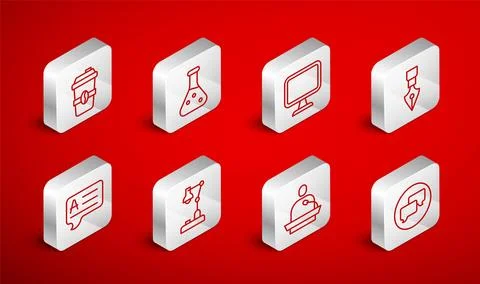 Set line Speech bubble chat, Test tube, Computer monitor, Fountain pen nib,.. Stockillustratie