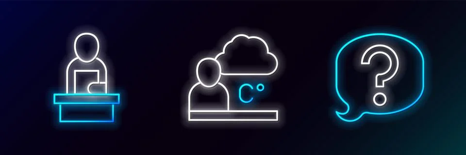 Set line Speech bubble chat, Breaking news and Weather forecast icon. Glowi.. Illustrazione stock