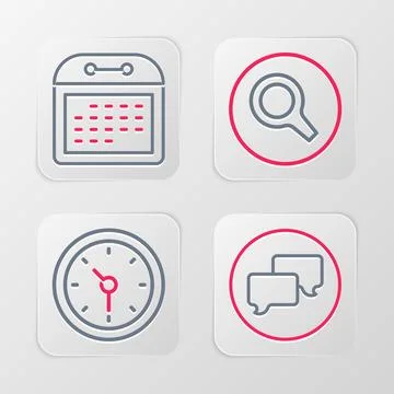 Set line Speech bubble chat, Clock, Magnifying glass and Calendar icon. Vecto Stock Illustration
