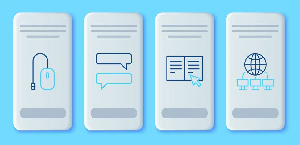 Set line Speech bubble chat, Online book, Computer mouse and network icon. .. Illustrazione stock