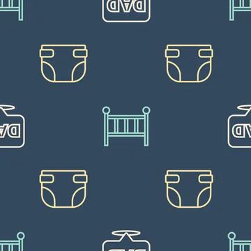 Set line Speech bubble dad, Baby diaper and crib cradle bed on seamless pattern Stock Illustration