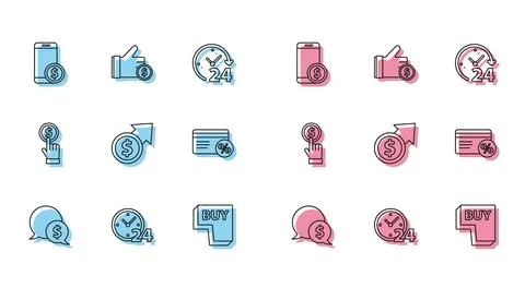 Set line Speech bubble with dollar, Clock 24 hours, Smartphone, Buy button Illustrazione stock