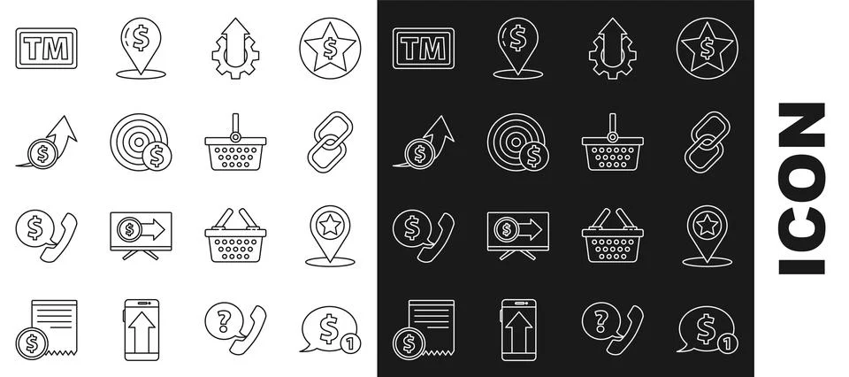 Set line Speech bubble with dollar, Map pointer star, Chain link, Arrow growth Stock Illustration