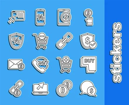 Set line Speech bubble with dollar, Buy button, Shield, Tablet, Remove shop.. Stockillustratie