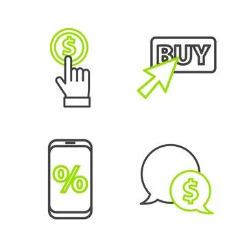Set line Speech bubble with dollar Percent discount and mobile Buy button and Stock Illustration