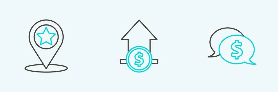 Set line Speech bubble with dollar, Map pointer star and Financial growth a.. 스톡 일러스트